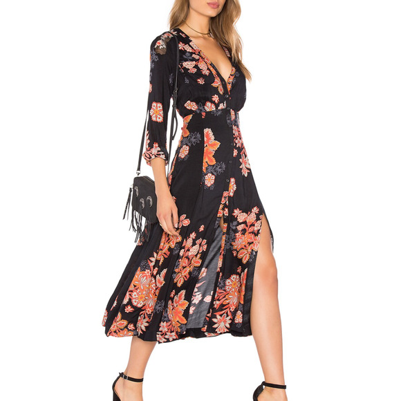 Free People Dresses & Skirts - Free People Miranda Black Floral Midi Button Front Dress Size 6 Boho Embroidered